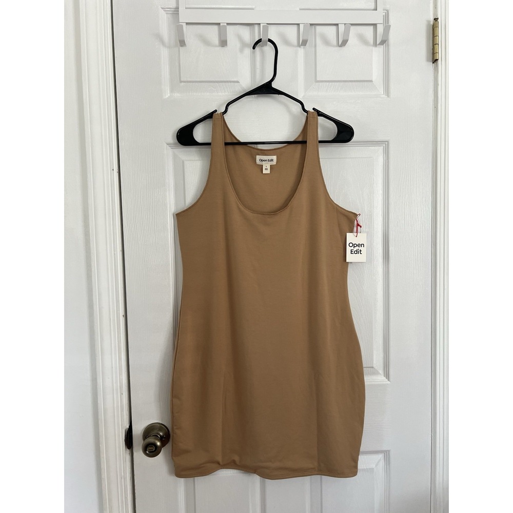 Open Edit Womens Tan Bodycon Minimalist Stretch Tank Sleeveless Mini Dress Sz L‎